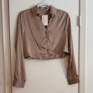 Haute Monde Beige Pearl Button Down Shirt